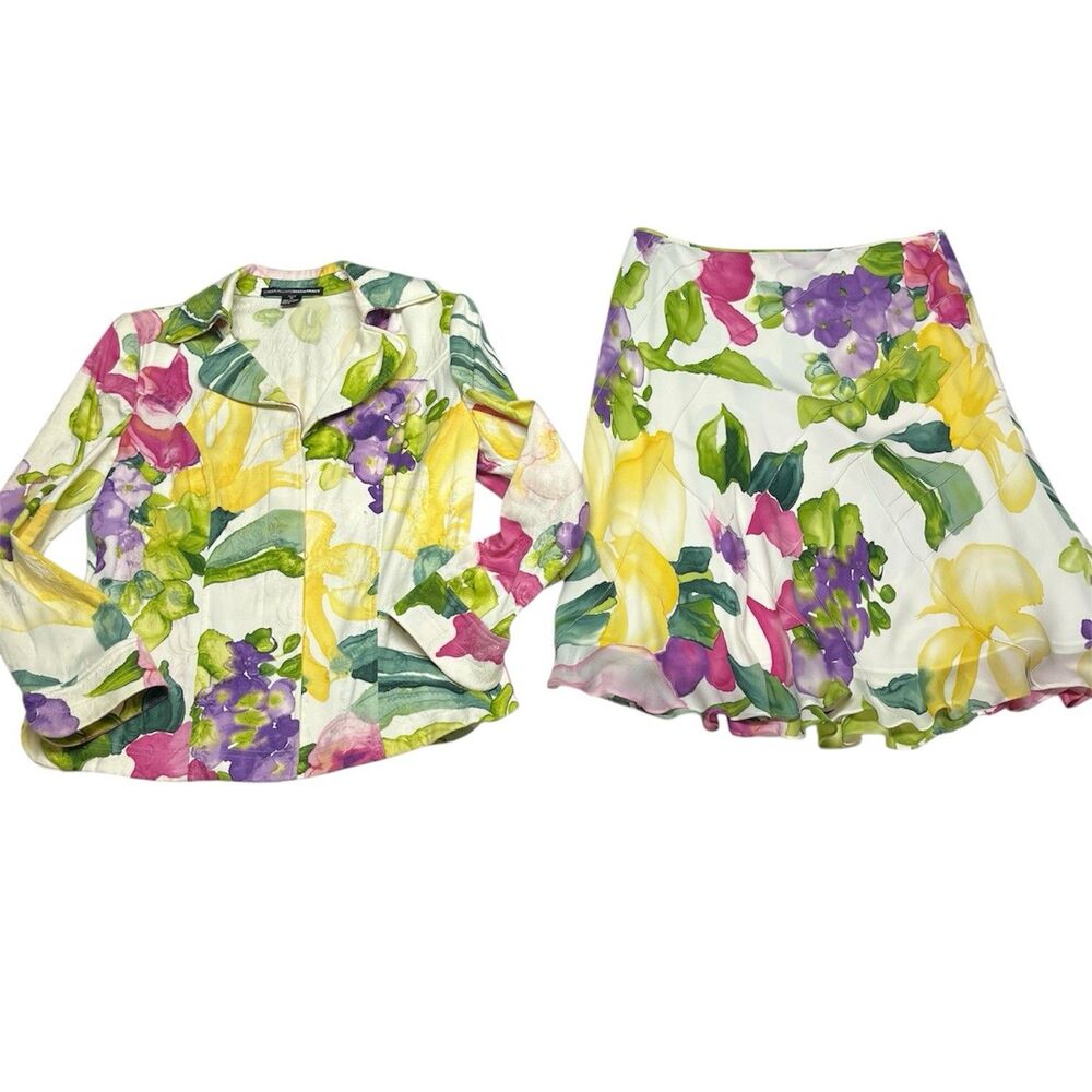 Linda Allard Ellen Tracy Silk Two Piece Skirt Set Floral